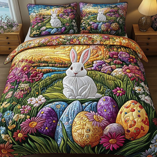 Colorful Easter Retreat quilted 3-piece bedding set on a made bed with two matching pillow shams