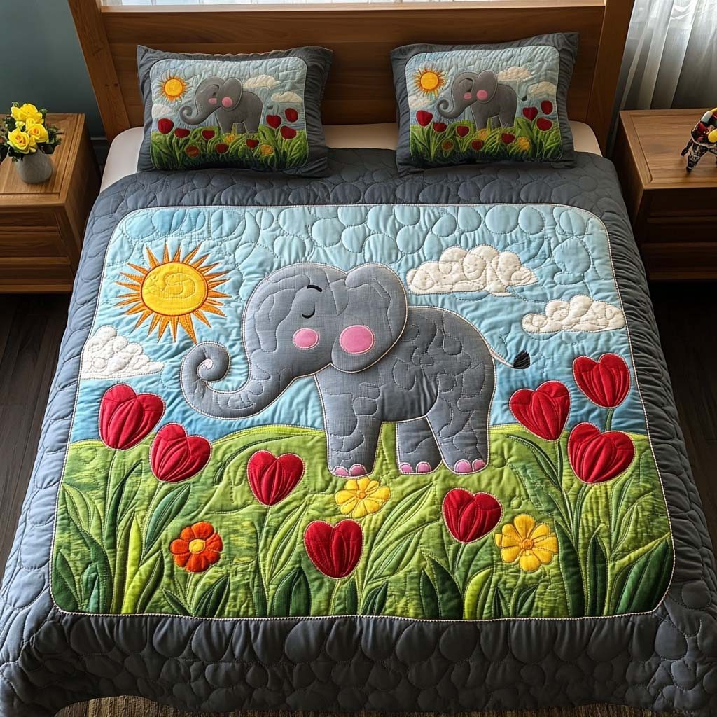 Colorful Elephant quilted 3-piece bedding set on a made bed with two matching pillow shams