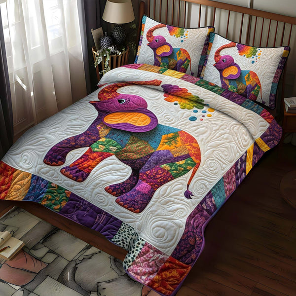 Colorful Elephant quilted 3-piece bedding set on a made bed with two matching pillow shams