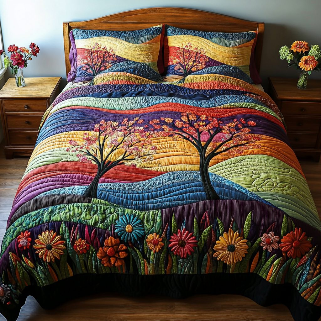 Colorful Field quilted 3-piece bedding set on a made bed with two matching pillow shams