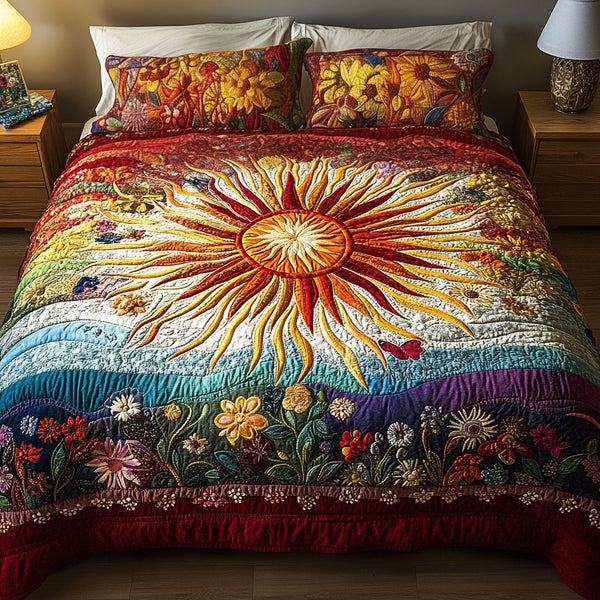 Colorful Fields quilted 3-piece bedding set on a made bed with two matching pillow shams