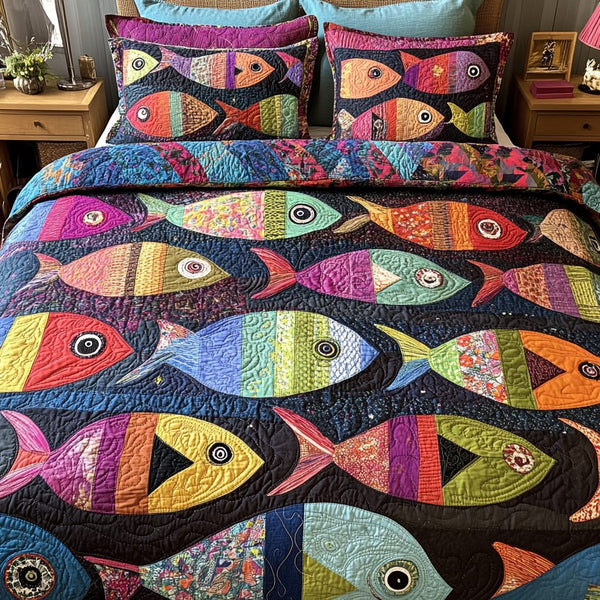 Colorful Fishes quilted 3-piece bedding set on a made bed with two matching pillow shams