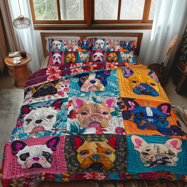 Colorful French Bulldog quilted 3-piece bedding set on a made bed with two matching pillow shams