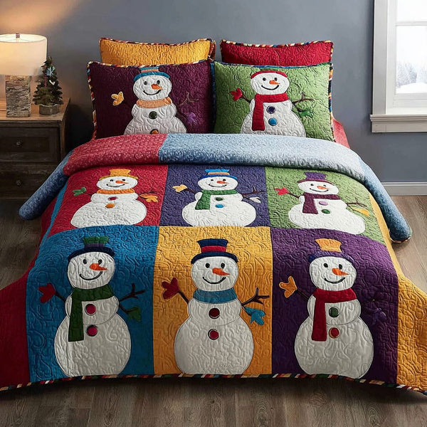 Colorful Frost quilted 3-piece bedding set on a made bed in a winter-styled bedroom