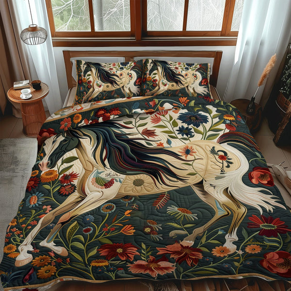 Colorful Galloping Horse quilted 3-piece bedding set on a made bed in a rustic timber bedroom