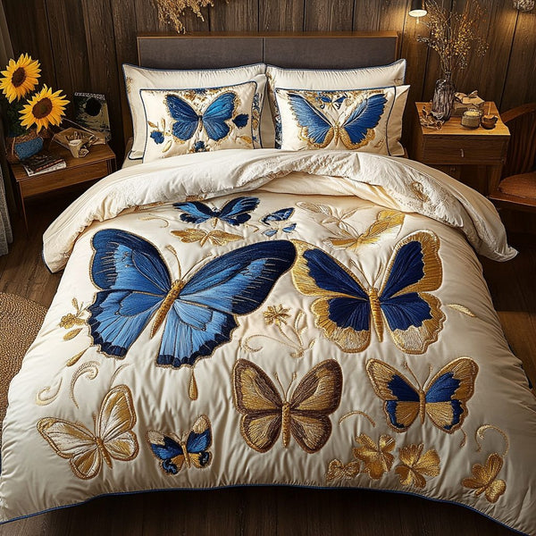 Colorful Gardens quilted 3-piece bedding set on a made bed with two matching pillow shams