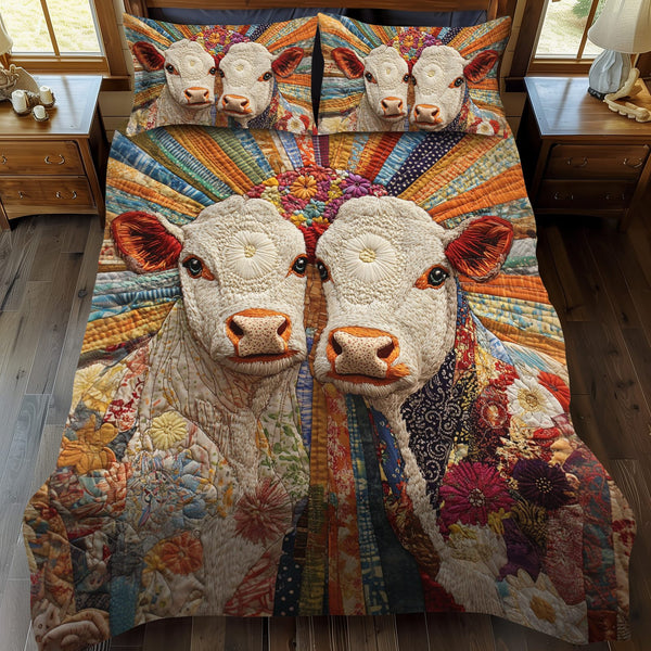 Colorful Grazers quilted 3-piece bedding set on a made bed with two matching pillow shams