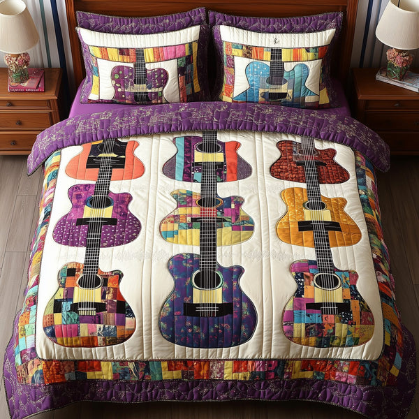 Colorful Guitars quilted 3-piece bedding set on a made bed with two matching pillow shams
