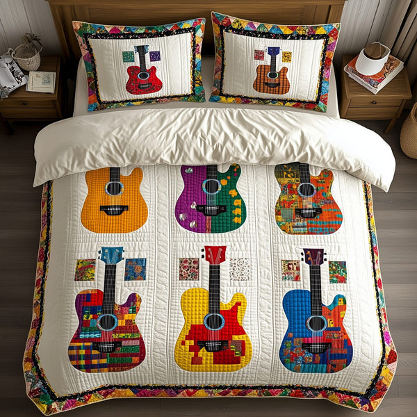 Colorful Guitars quilted 3-piece bedding set on a made bed with two matching pillow shams