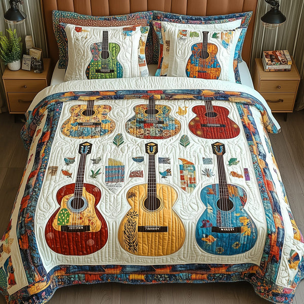 Colorful Guitars quilted 3-piece bedding set on a made bed with two matching pillow shams