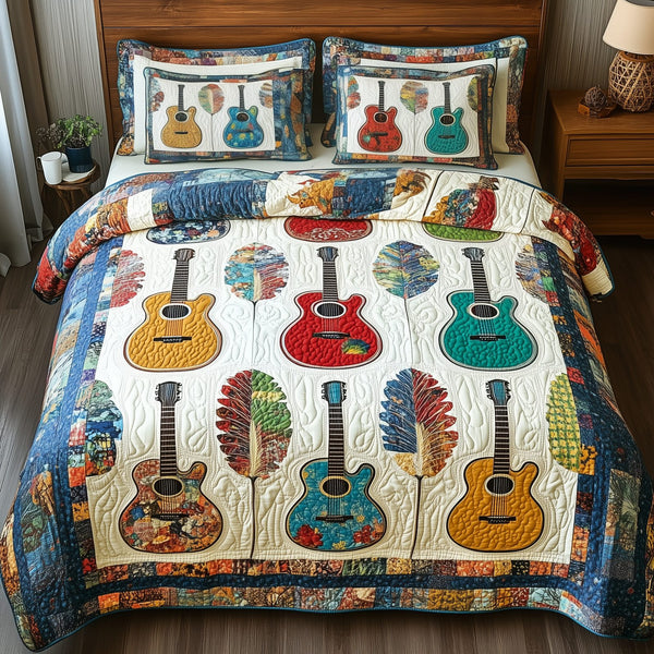 Colorful Guitars quilted 3-piece bedding set on a made bed with two matching pillow shams