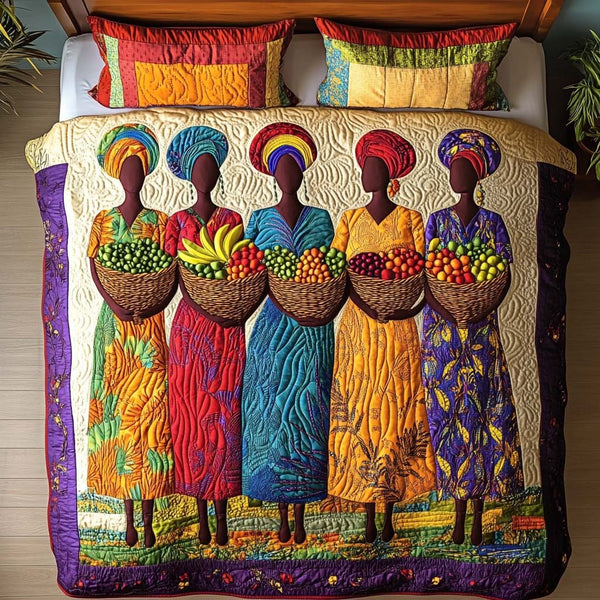 Colorful Harvest Beauty quilted 3-piece bedding set on a made bed with two matching pillow shams