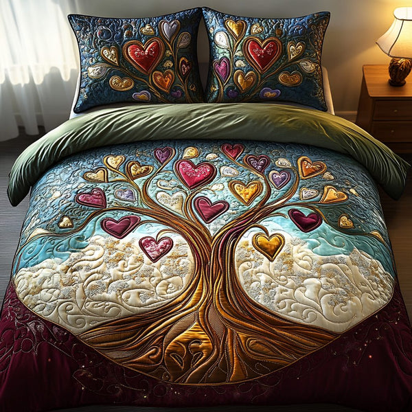 Colorful Heart Tree quilted 3-piece bedding set on a made bed with two matching pillow shams