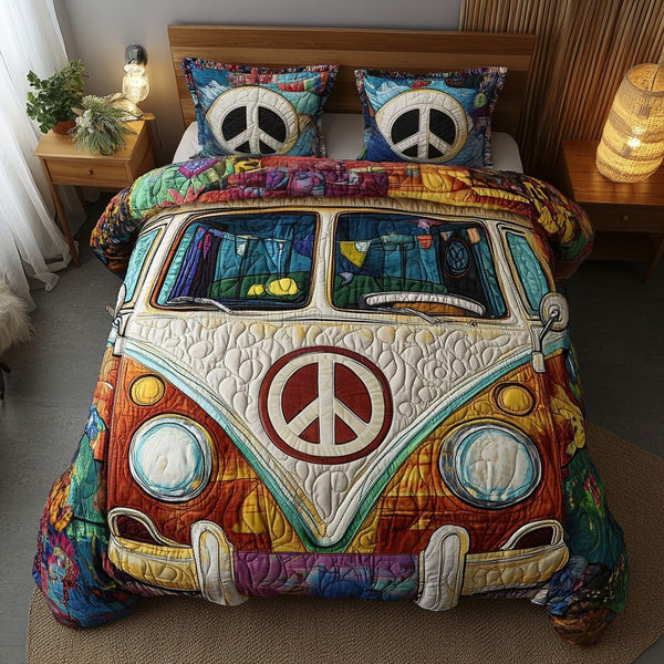 Colorful Hippie Bus quilted 3-piece bedding set on a made bed with two matching pillow shams
