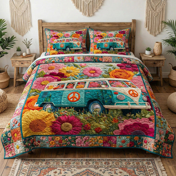 Colorful Horizon quilted 3-piece bedding set on a made bed with two matching pillow shams