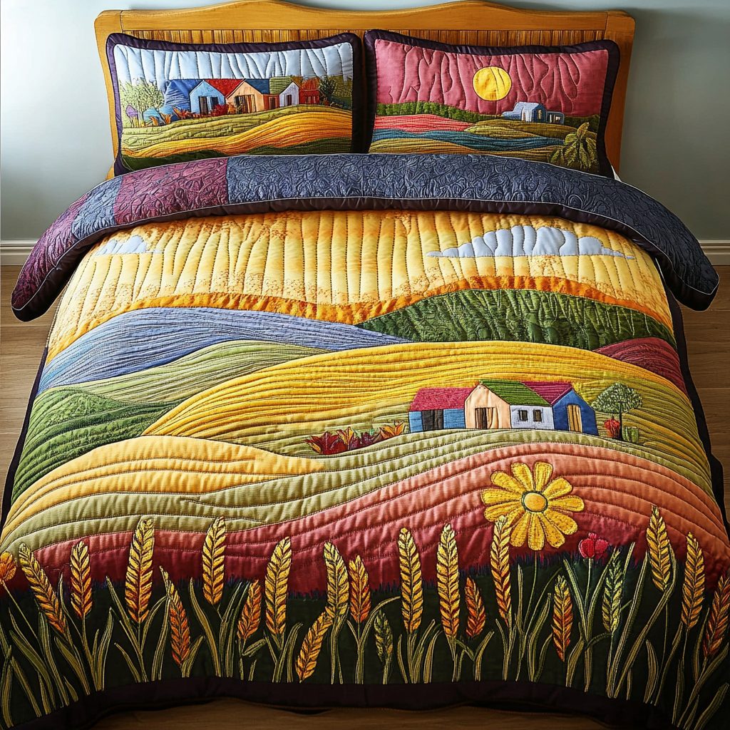 Colorful Horizons quilted 3-piece bedding set on a made bed with two matching pillow shams