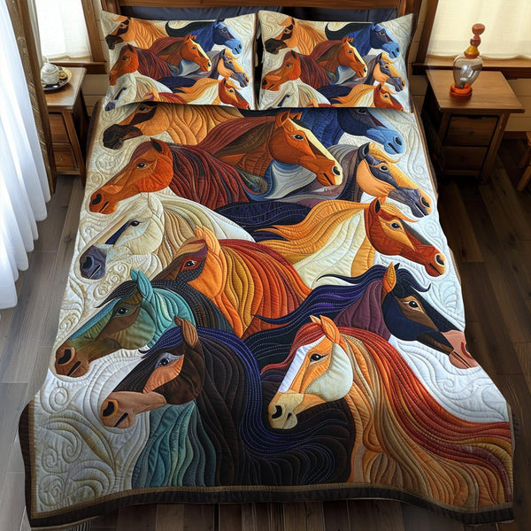 Colorful Horse quilted 3-piece bedding set on a made bed in a rustic timber bedroom