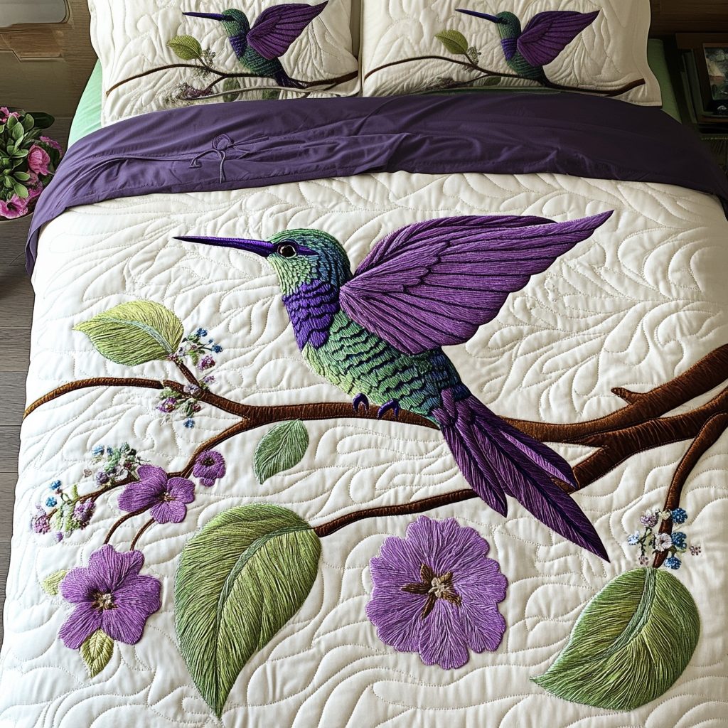 Colorful Hummingbird quilted 3-piece bedding set on a made bed with two matching pillow shams