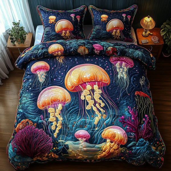 Colorful Jellyfish quilted 3-piece bedding set on a made bed with two matching pillow shams