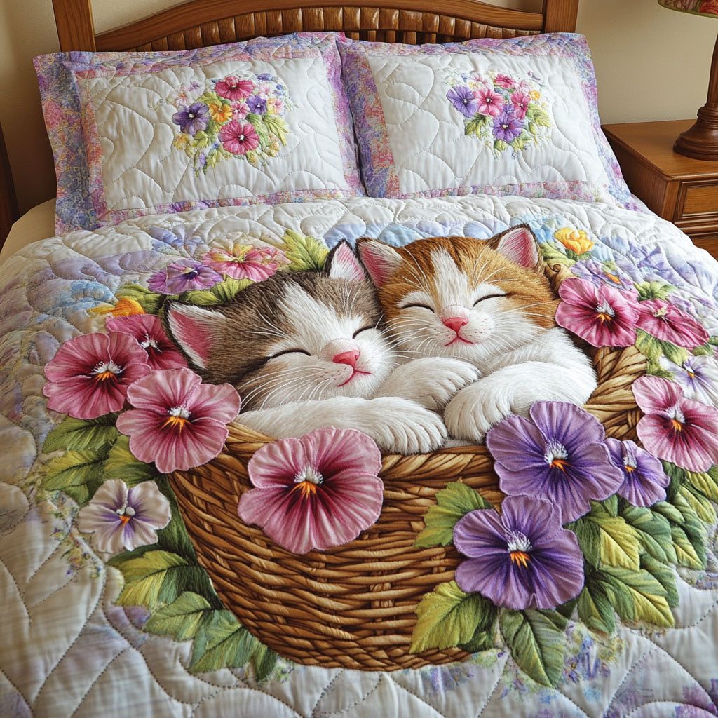 Colorful Kittens quilted 3-piece bedding set on a made bed with two matching pillow shams