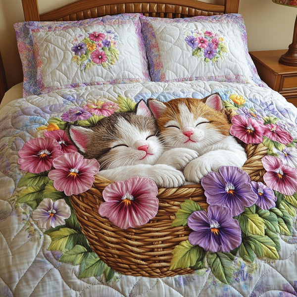 Colorful Kittens quilted 3-piece bedding set on a made bed with two matching pillow shams