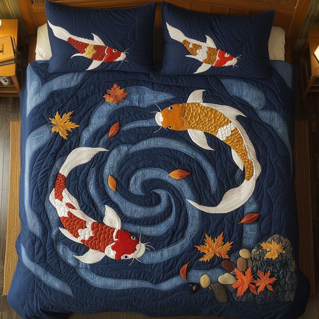 Colorful Koi quilted 3-piece bedding set on a made bed with two matching pillow shams