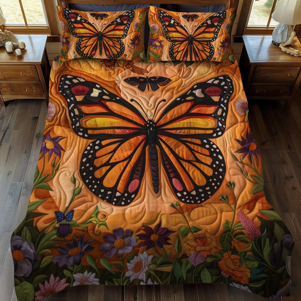 Colorful Monarch Butterflies quilted 3-piece bedding set on a made bed with two matching pillow shams