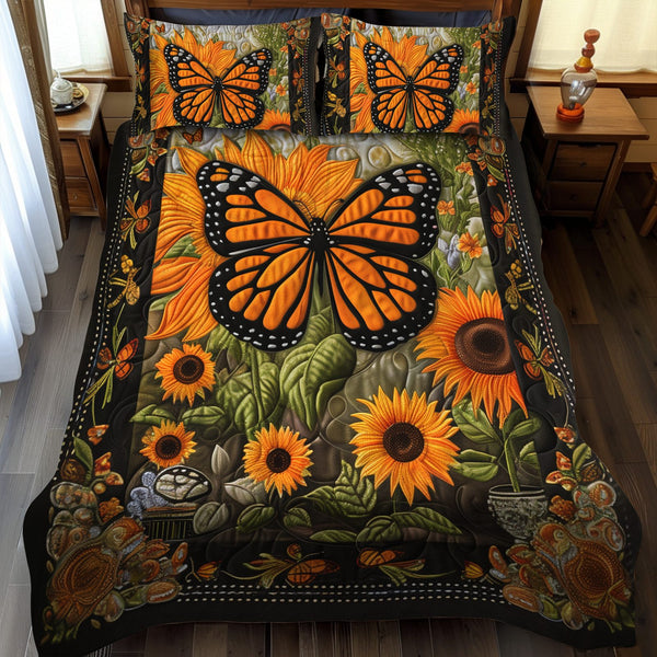 Colorful Monarch Butterflies quilted 3-piece bedding set on a made bed with two matching pillow shams