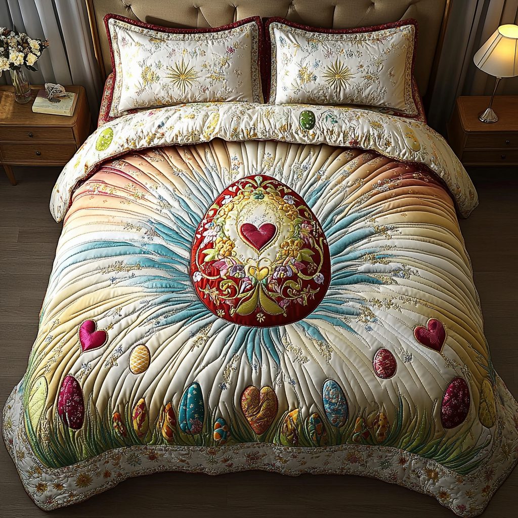 Colorful Nest quilted 3-piece bedding set on a made bed with two matching pillow shams