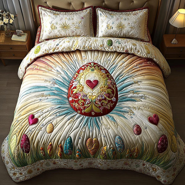Colorful Nest quilted 3-piece bedding set on a made bed with two matching pillow shams