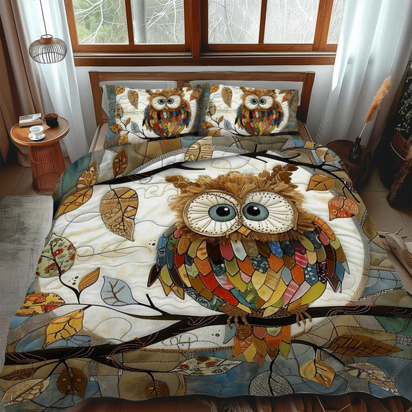 Colorful Owl Patchwork quilted 3-piece bedding set on a made bed in a farmhouse bedroom
