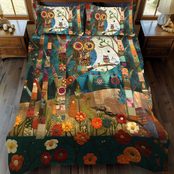 Colorful Owl Patchwork quilted 3-piece bedding set on a made bed in a farmhouse bedroom