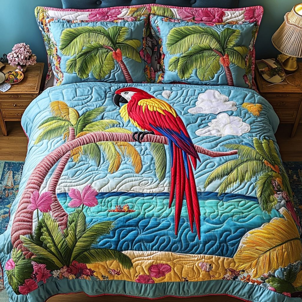 Colorful Parrot quilted 3-piece bedding set on a made bed with two matching pillow shams