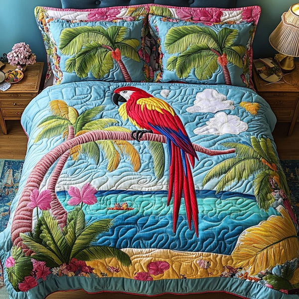 Colorful Parrot quilted 3-piece bedding set on a made bed with two matching pillow shams