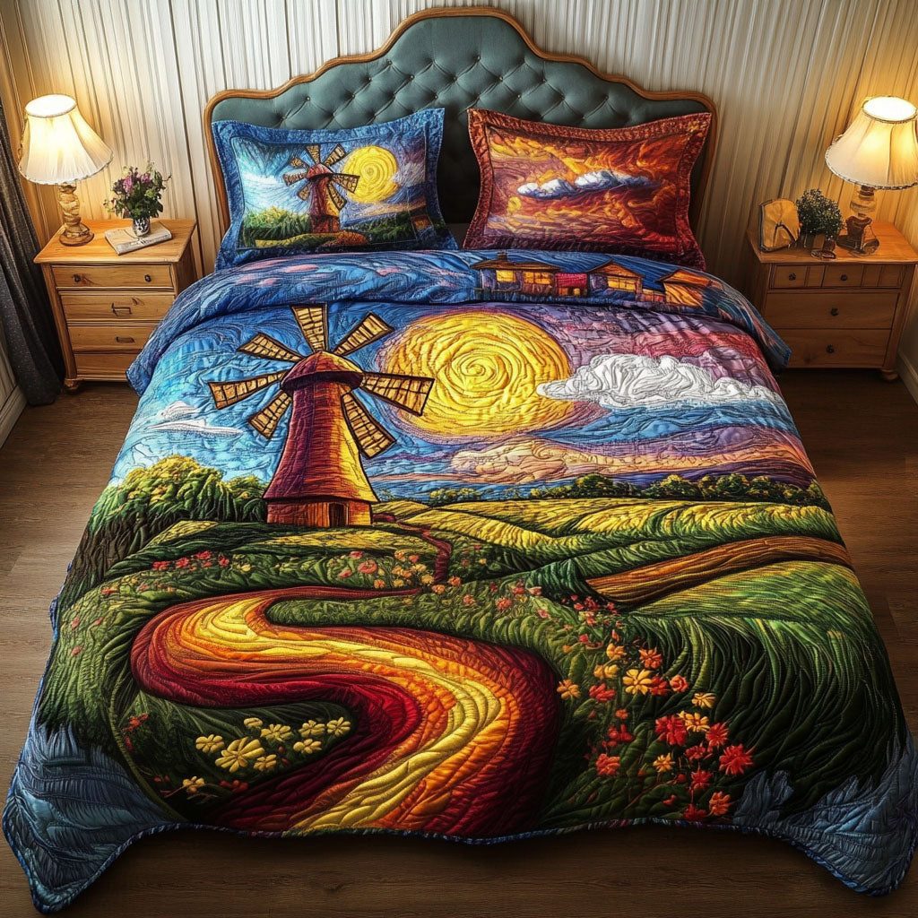 Colorful Paths quilted 3-piece bedding set on a made bed with two matching pillow shams
