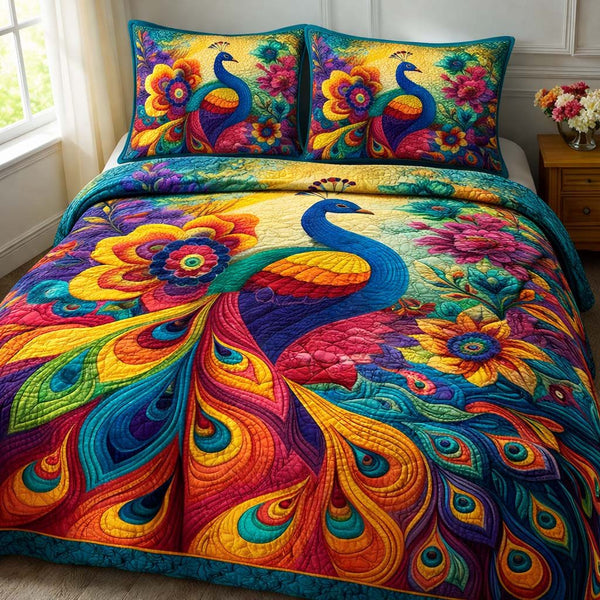 Colorful Peacock quilted 3-piece bedding set on a made bed with two matching pillow shams