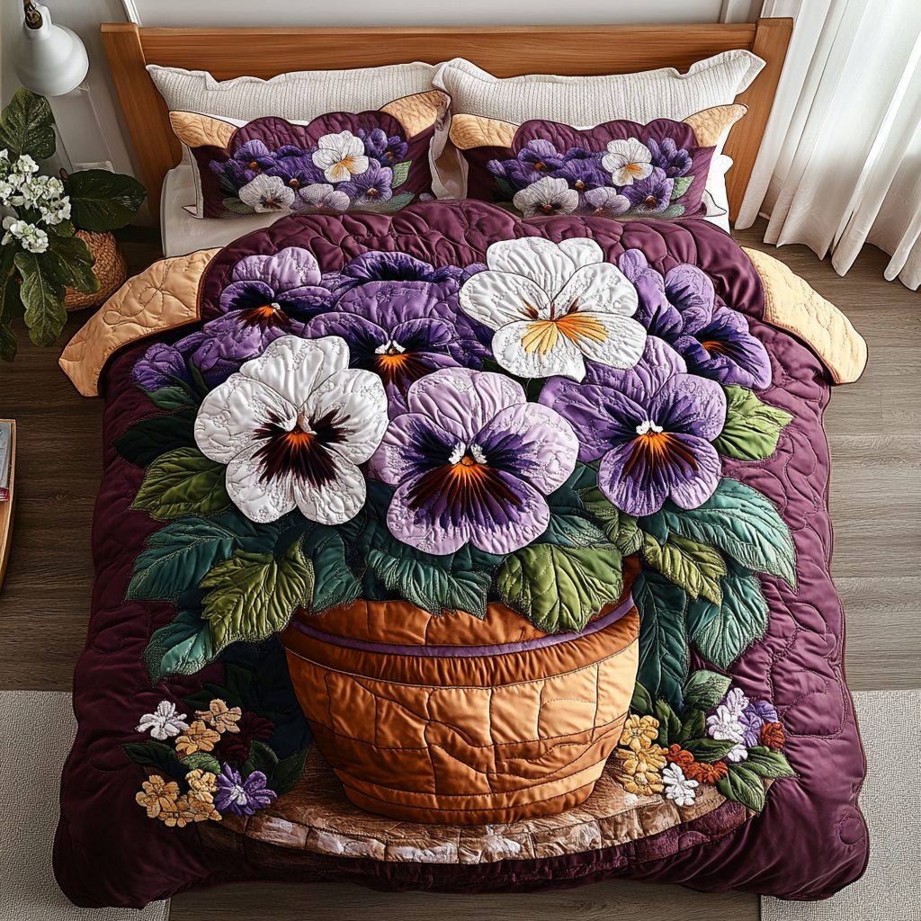 Colorful Petals quilted 3-piece bedding set on a made bed with two matching pillow shams