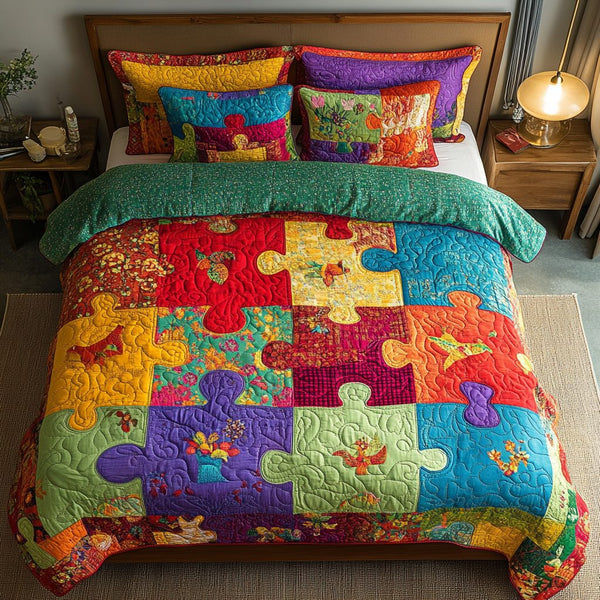 Colorful Puzzle Pieces quilted 3-piece bedding set on a made bed with two matching pillow shams
