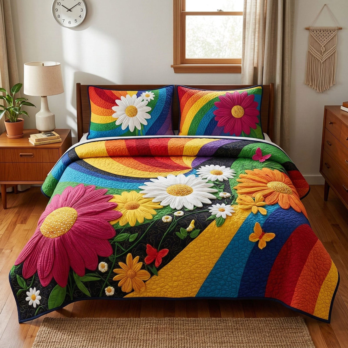 Colorful Retro Blossoms quilted 3-piece bedding set on a made bed in a farmhouse bedroom