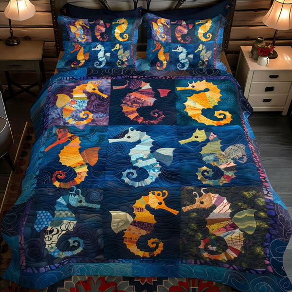 Colorful Seahorses quilted 3-piece bedding set on a made bed in a light coastal bedroom