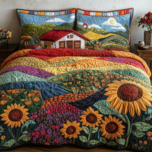 Colorful Serenity quilted 3-piece bedding set on a made bed with two matching pillow shams