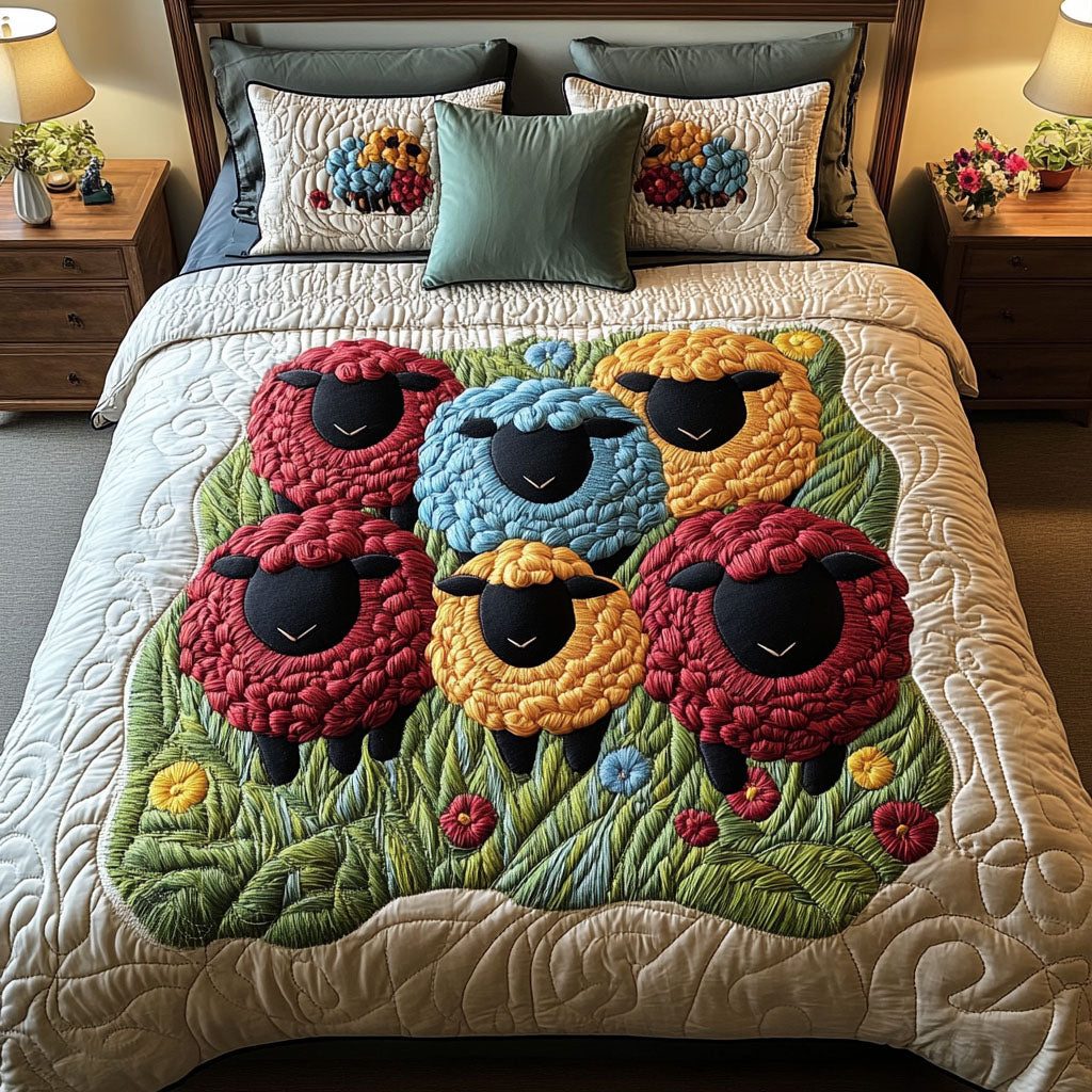 Colorful Sheep Gathering quilted 3-piece bedding set on a made bed with two matching pillow shams