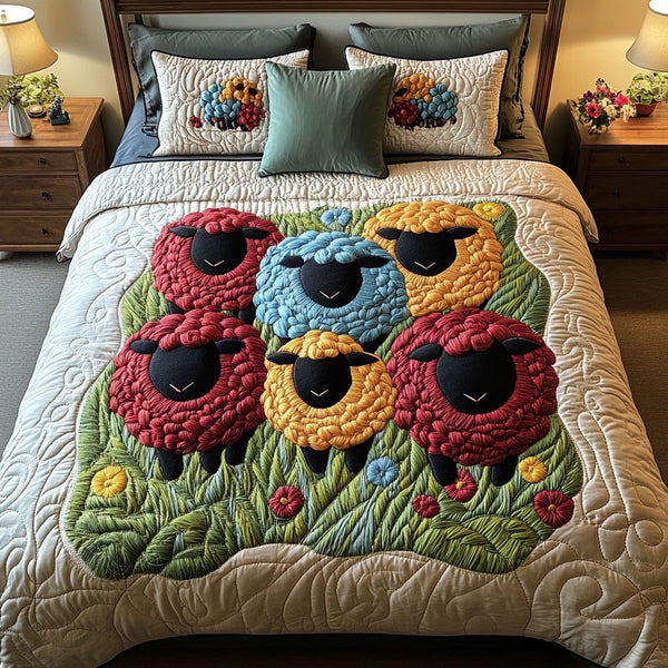 Colorful Sheep Gathering quilted 3-piece bedding set on a made bed with two matching pillow shams