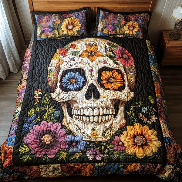 Colorful Skull Accent quilted 3-piece bedding set on a made bed against a dark styled interior
