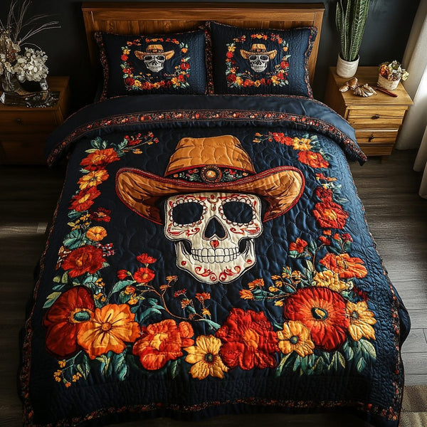 Colorful Skull quilted 3-piece bedding set on a made bed against a dark styled interior