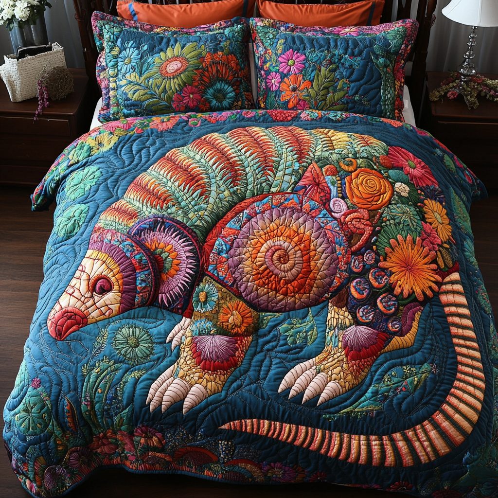 Colorful Spirit quilted 3-piece bedding set on a made bed with two matching pillow shams