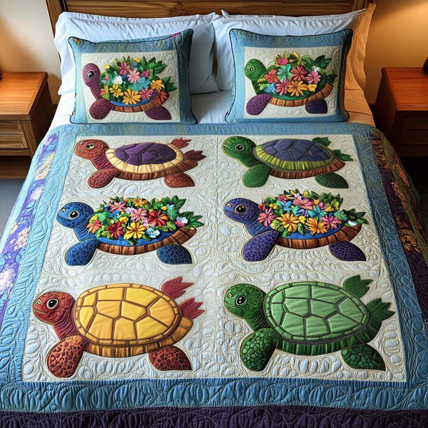 Colorful Stroll quilted 3-piece bedding set on a made bed with two matching pillow shams