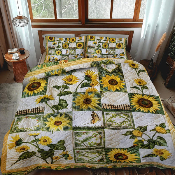 Colorful Sunflowers quilted 3-piece bedding set on a made bed with two matching pillow shams