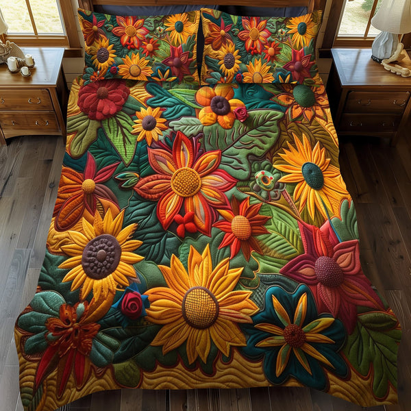 Colorful Sunflowers quilted 3-piece bedding set on a made bed with two matching pillow shams