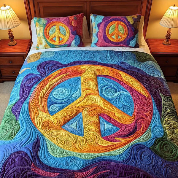 Colorful Tranquility quilted 3-piece bedding set on a made bed with two matching pillow shams